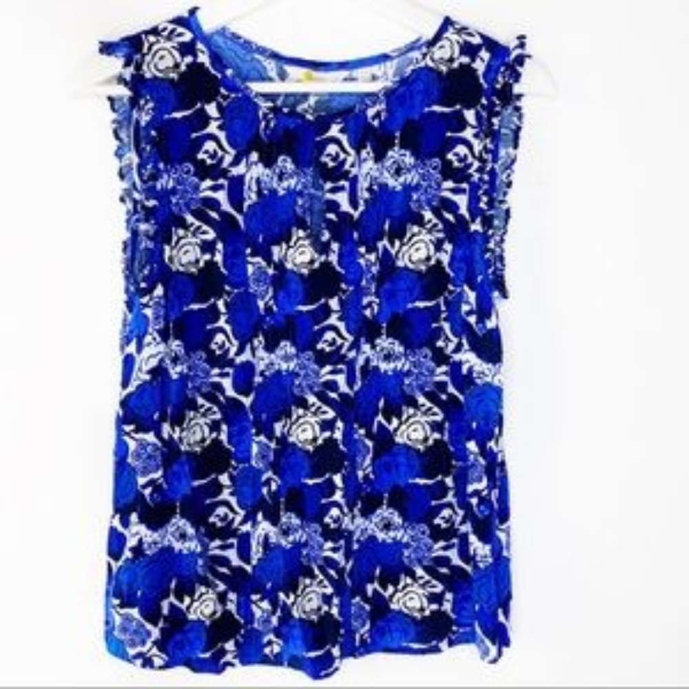 BODEN Blue White Sleeveless Vneck Blouse with Floral Pattern